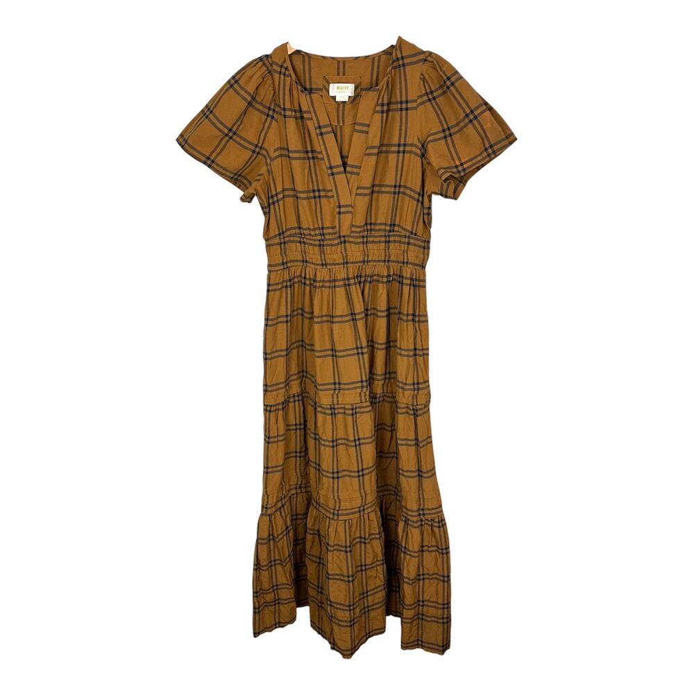 Maeve by Anthropologie Sumerset Camel Plaid Tiered Maxi Dress M Prairie Fall - Picture 5 of 16